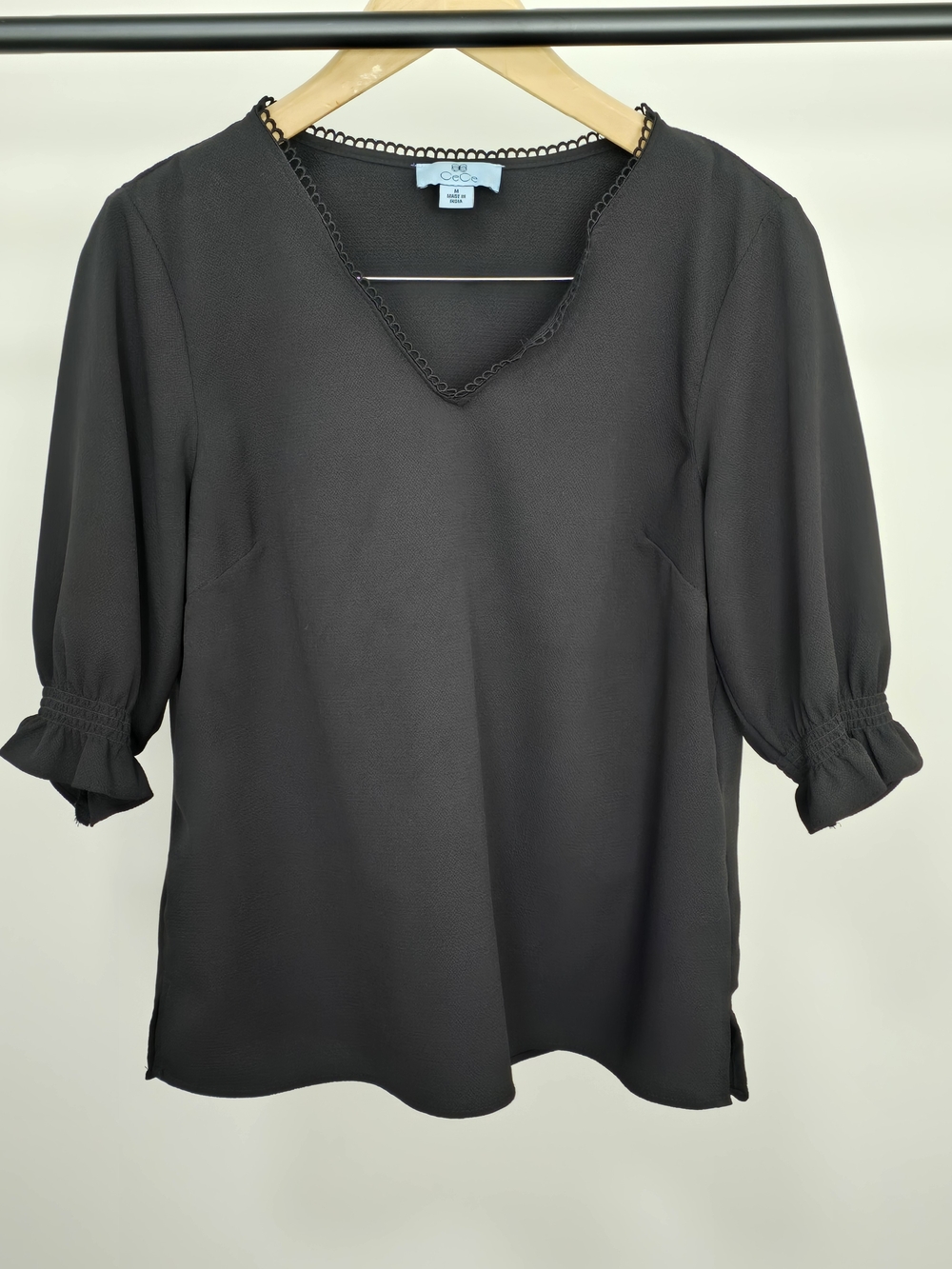 CeCe California Black V-Neck Puff Sleeve Blouse with Scalloped Trim
